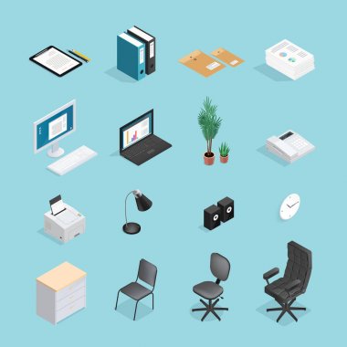 Ofis malzemeleri izometrik Icon Set