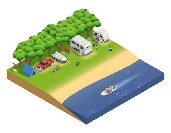 Recreational Vehicles On Beach Isometric Composition — Stock Vector