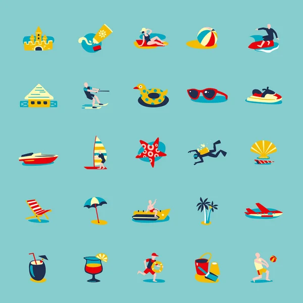 Verano playa retro iconos fondo conjunto — Vector de stock