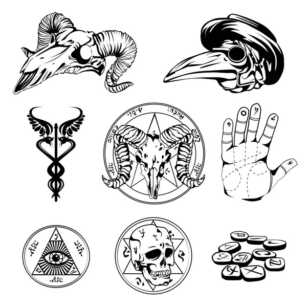 Schets Set van esoterische symbolen en occulte kenmerken — Stockvector