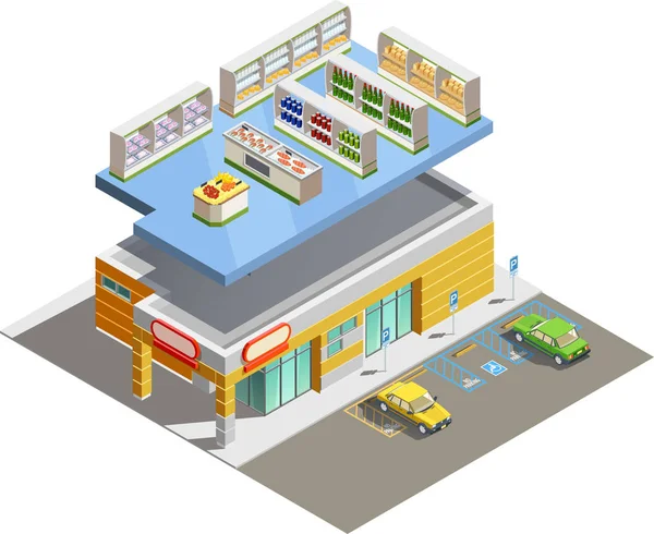 Supermarkt winkel gebouw isometrische Buitenaanzicht — Stockvector