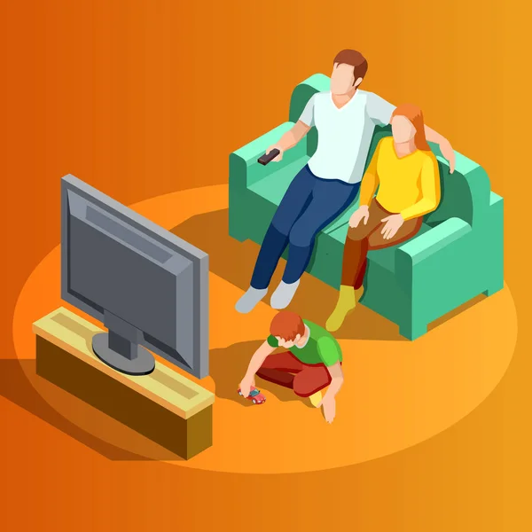 Сімейний дивитися телевізор домашній ізометричний образ — стоковий вектор