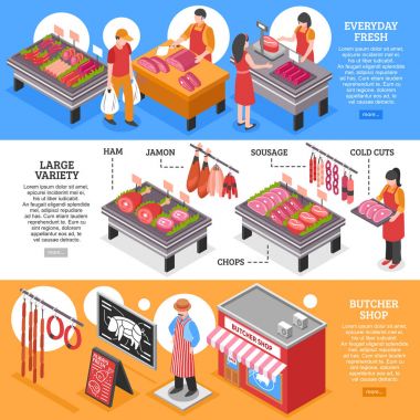 Kasap dükkanı izometrik afiş kümesi