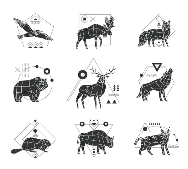 Zvířata polygonální monochromatický emblémy — Stockový vektor