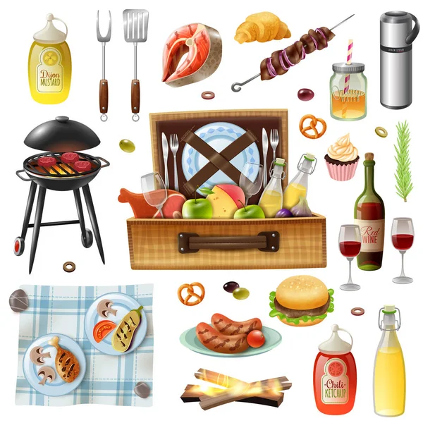 Set di icone realistiche per barbecue da picnic per famiglie — Vettoriale Stock