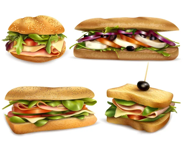 Ensemble réaliste de sandwichs aux ingrédients frais et sains — Image vectorielle