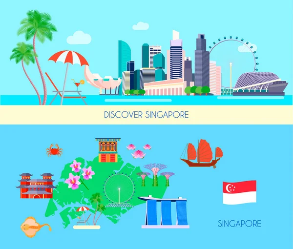 Conjunto de pancartas de cultura de Singapur coloreada — Vector de stock