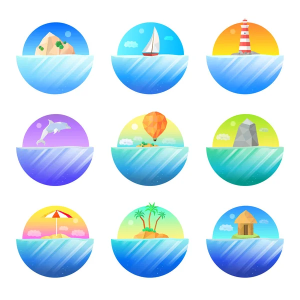 Тропічний острів круглі барвисті іконки встановити — стоковий вектор