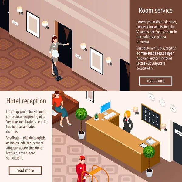 Banners horizontales isométricos del servicio del hotel — Vector de stock