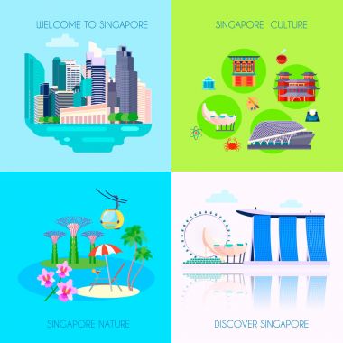 Düz Singapur kültür Icon Set
