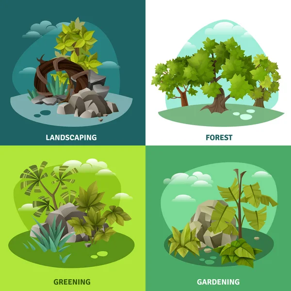 Jardinagem de paisagem 4 ícones planos Conceito — Vetor de Stock