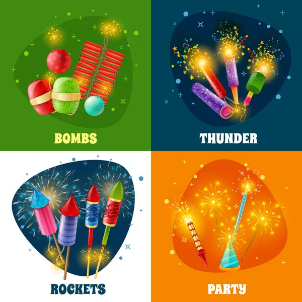 Fogo de artifício Bolachas foguetes 4 ícones quadrados — Vetor de Stock