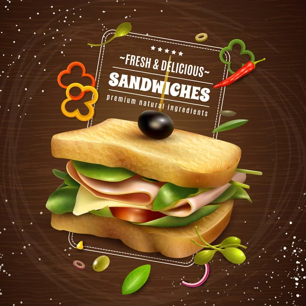 Cartel de anuncio de fondo de madera sándwich fresco — Vector de stock