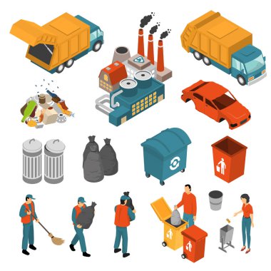 İzometrik çöp geri dönüşüm Icon Set