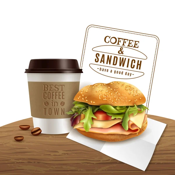 Sandwich de café comida rápida Anuncio realista — Vector de stock