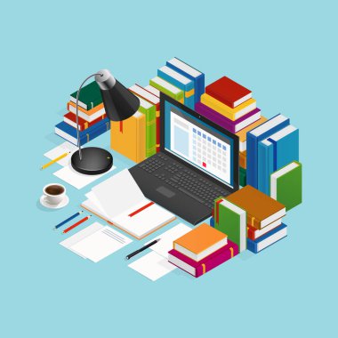 Eğitim renkli kitap dizüstü çevresinde kağıt yaprak Kırtasiye kahve ve lamba mavi arka plan izometrik vektör çizim üzerinde