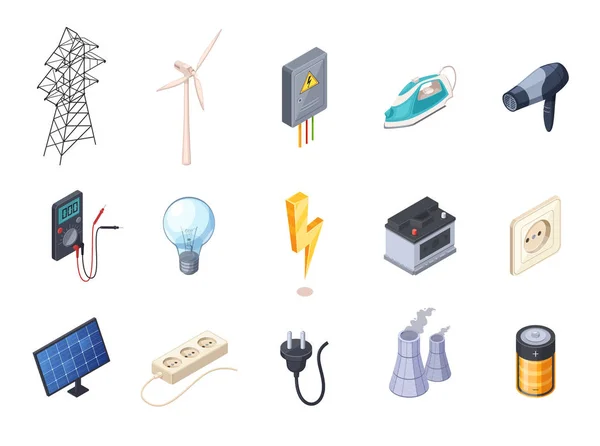 Elektriciteit Isometrisch Icons Set — Stockvector