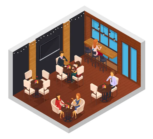 Cafe Restaurant Isometric Interior — Stock Vector