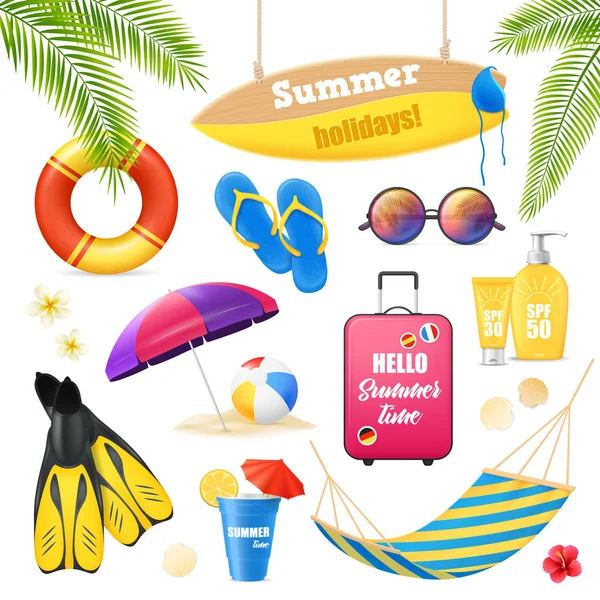 Playa vacaciones elementos realistas conjunto — Vector de stock