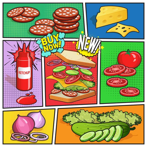 Sandviç reklam komik sayfa — Stok Vektör