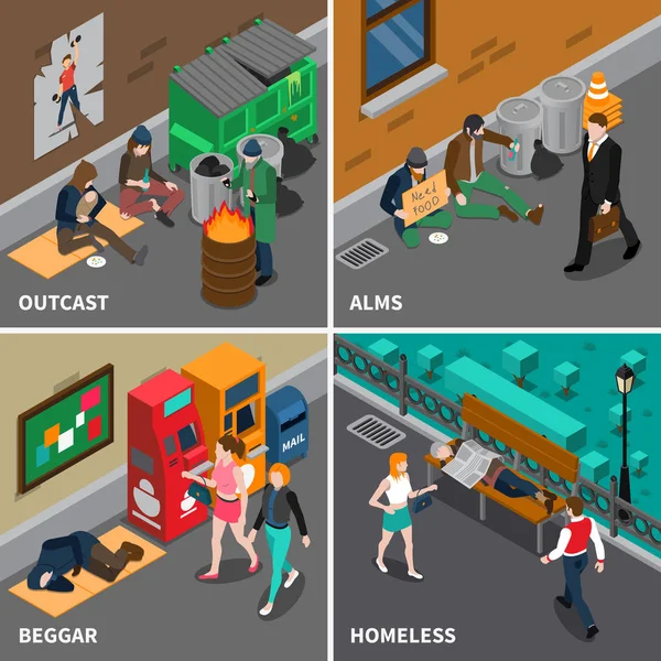 Homeless People Isometric Design Concept — Stock Vector