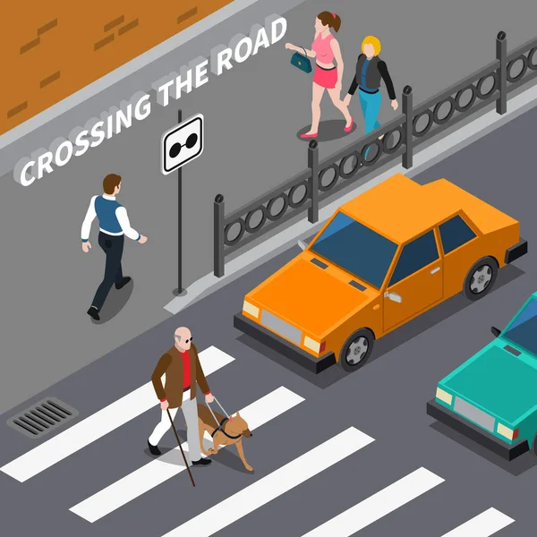 横断歩道のアイソメ図で視覚障害者 — ストックベクタ
