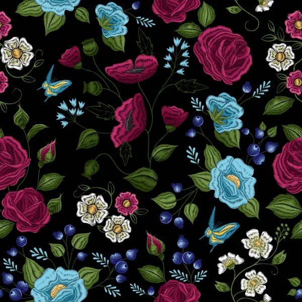 Floral Embroidery Seamless Pattern — Stock Vector