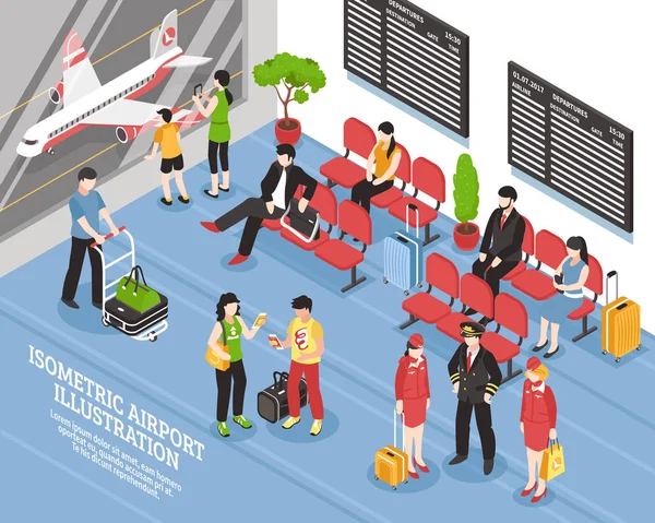 Affiche isométrique de salon de départ d'aéroport — Image vectorielle