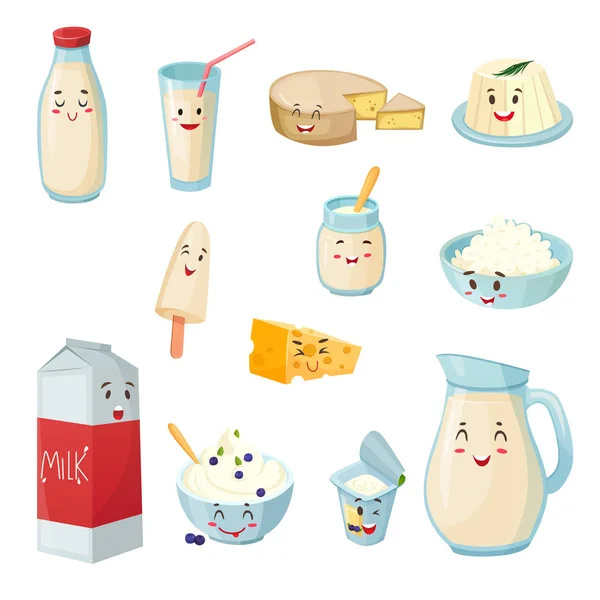 Productos de leche con sonrisas conjunto de dibujos animados — Vector de stock