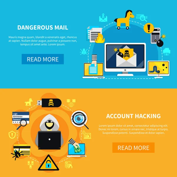 Gevaarlijke Mail en Account hacken platte Banners — Stockvector