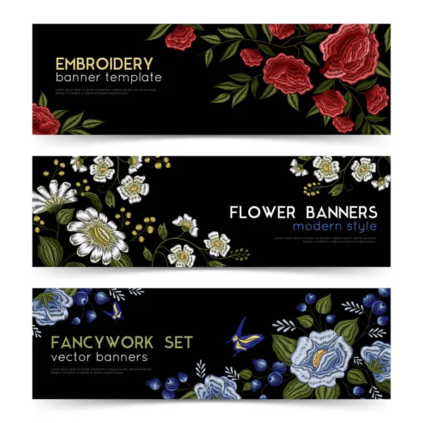 Conjunto de pancartas de bordado folclórico floral — Vector de stock