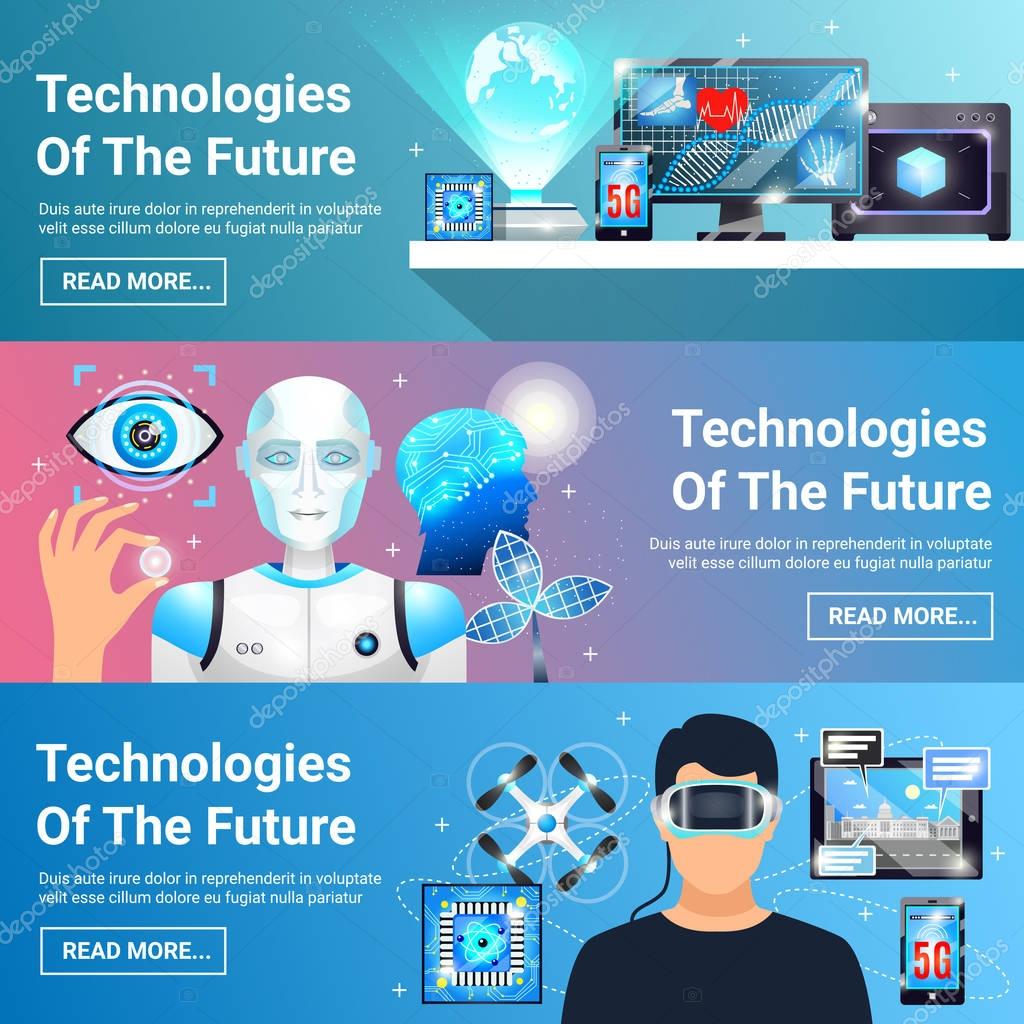 Set of horizontal banners with future technologies including virtual reality headset, robot, digital medicine isolated vector illustration