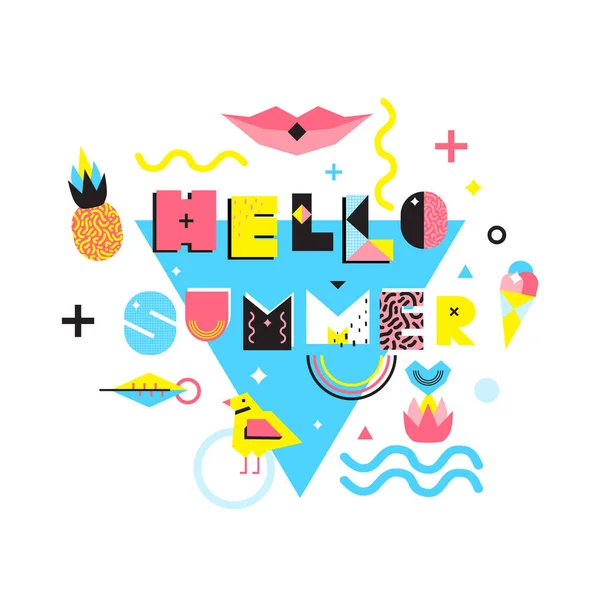 Hello Summer Memphis Style Illustration — Stock Vector