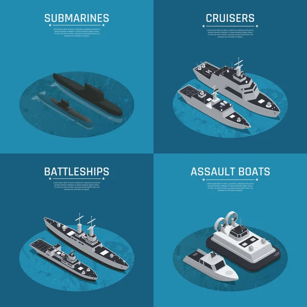Cuadrado Militar Barcos Isométrico conjunto de iconos — Archivo Imágenes Vectoriales