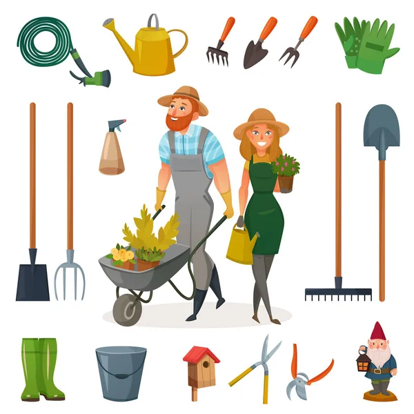 Juego de iconos de dibujos animados de jardinería — Vector de stock