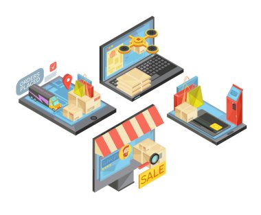 Paketleri ve Çantalar, ödeme, teslimat, destek hizmeti ile izometrik besteleri alışveriş online, mobil cihazlar vektör illüstrasyon izole