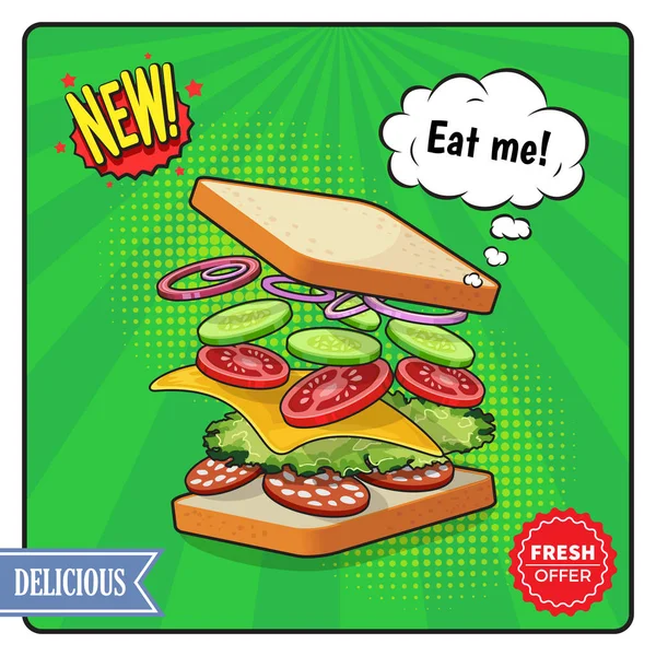 Affiche publicitaire sandwich dans un style comique — Image vectorielle