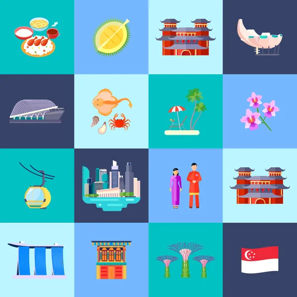 Conjunto de ícones planos de cultura de Singapura —  Vetores de Stock