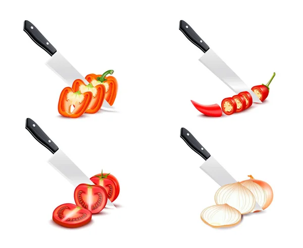Knife Chopping Vegetable 3D Design Set — Stock Vector