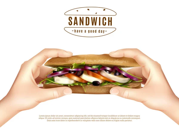 Здоровый сэндвич в руках реалистичный образ — стоковый вектор