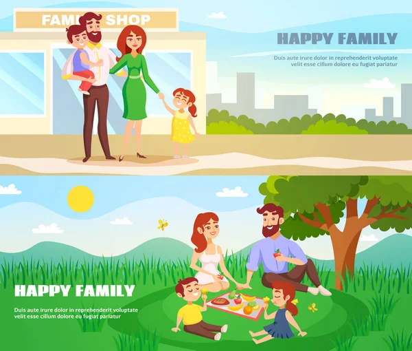 Banners horizontais ao ar livre família feliz —  Vetores de Stock
