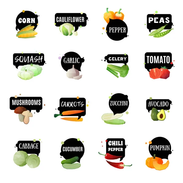 Conjunto de verduras con etiquetas — Vector de stock