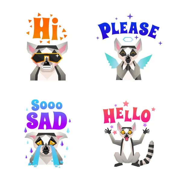.Lemur Emotions Polygonal Icons Set — Stock Vector