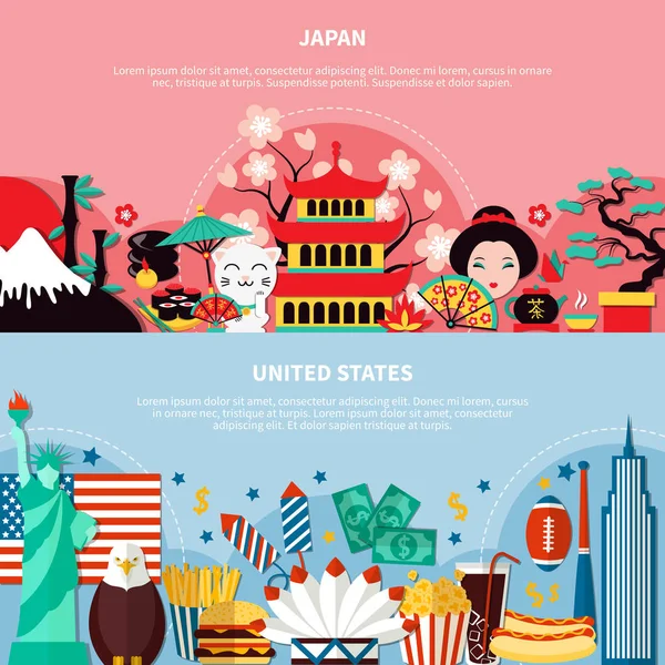 Japón y Estados Unidos Banners horizontales — Archivo Imágenes Vectoriales