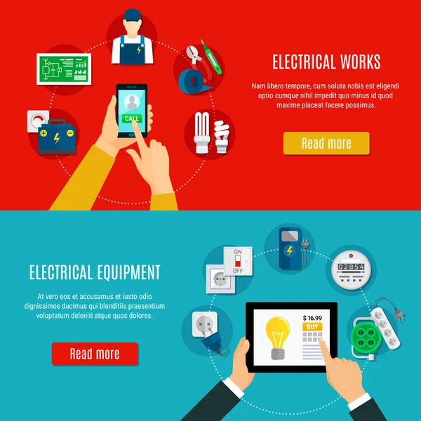 電気機器および電気技師の水平方向のバナー — ストックベクタ