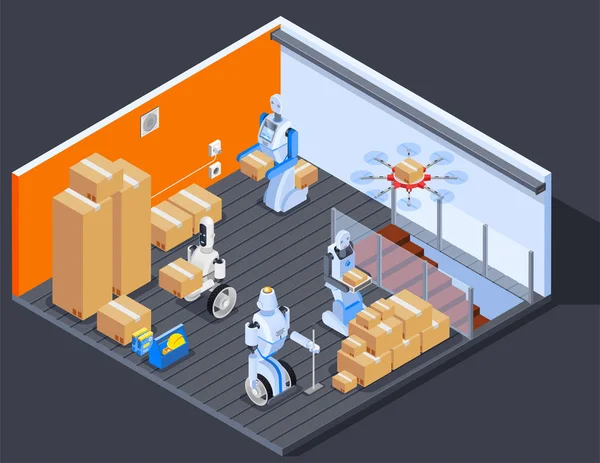 Composition des travailleurs des entrepôts robotiques — Image vectorielle
