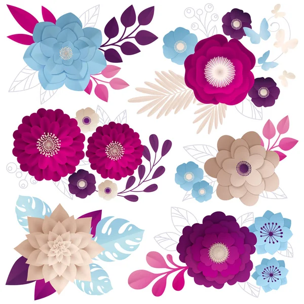 Paper Flowers Compositions Colorful Set — Stock Vector