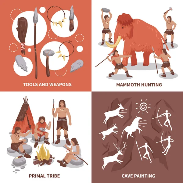 Primal Tribe People Concept Icons Set — Stock Vector