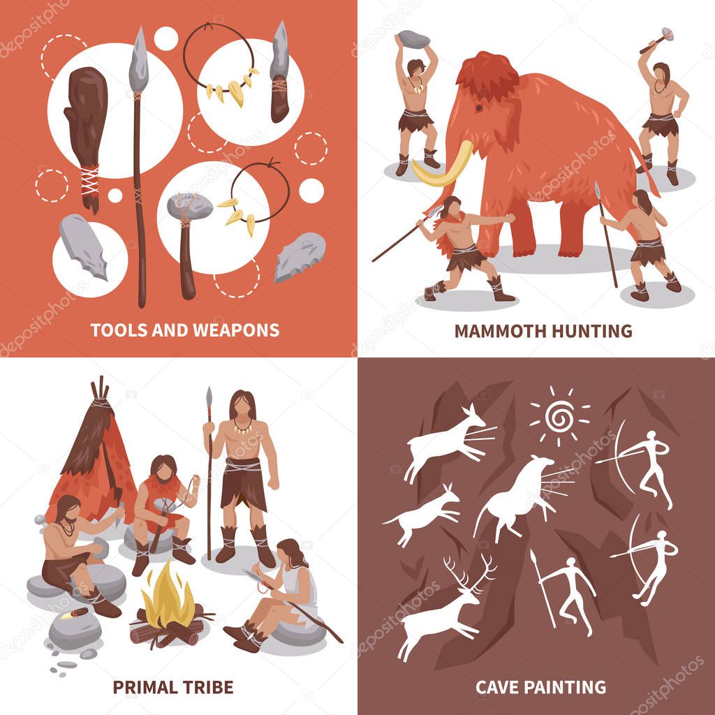 Primal Tribe People Concept Icons Set