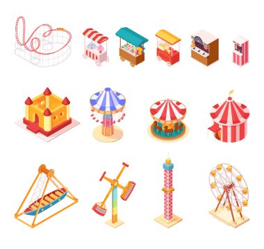 Eğlence Parkı izometrik karikatür Icons Set
